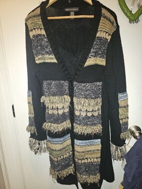 Mistror Magic Heavy Boho Patchwork Knit Duster Cardigan Fringe XL Whimsigoth Fau